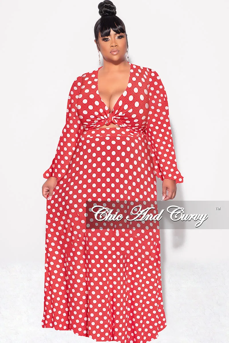 Final Sale Plus Size 2pc Long Sleeve Crop Tie Top and Skirt Set in Red with White Polka Dots Stretch Support Fit