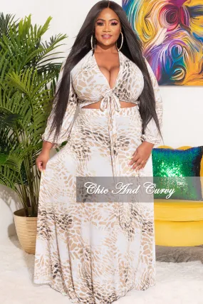 Metallic accents Final Sale Plus Size 2pc Long Sleeve Crop Tie Top and Skirt Set in Tan Animal Print