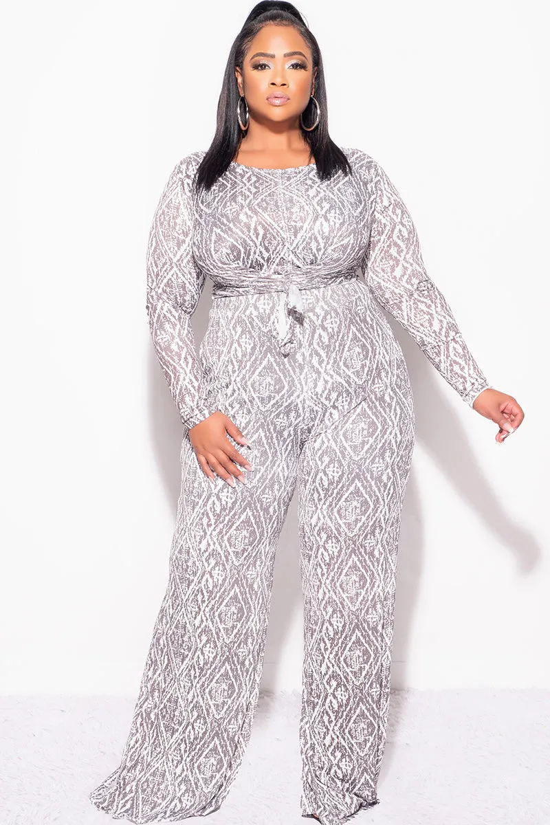 Cozy Fit Final Sale Plus Size 2pc Long Sleeve Tie Top and Pants Set in Olive and White Design Print