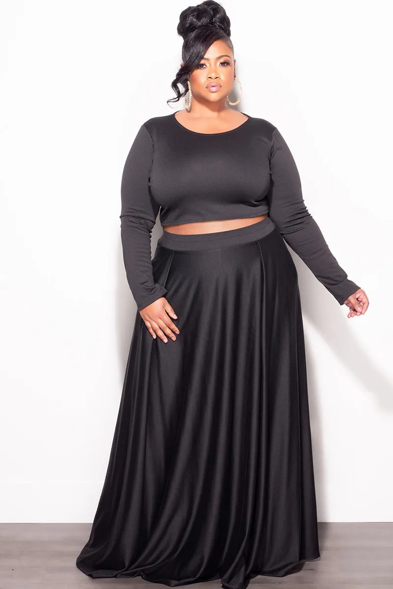 Final Sale Plus Size 2pc Maxi Skirt Set with Round Neck in Black Linen blend Wind Resistance