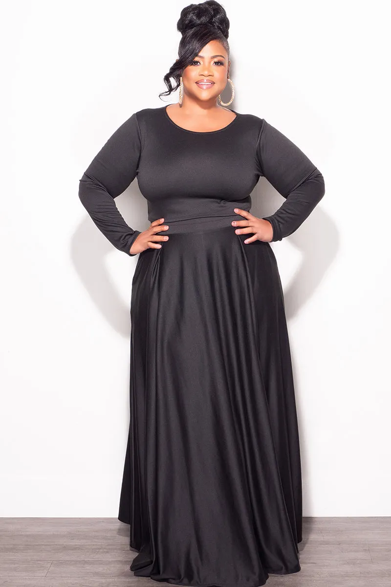 Final Sale Plus Size 2pc Maxi Skirt Set with Round Neck in Black Minimal Edge EasyCareFabric