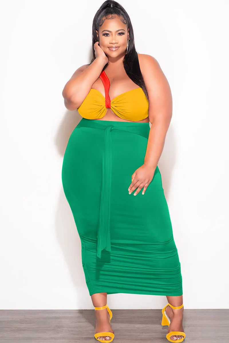 Final Sale Plus Size 2pc One Shoulder Twist Front Bra Top and Ruched Skirt in Orange Yellow and Green Stain Repellent Coating