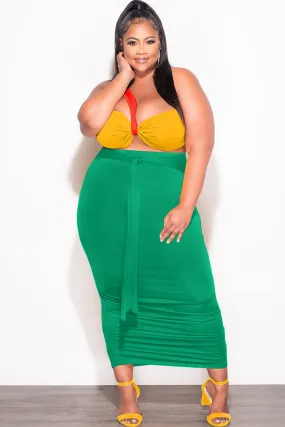 Final Sale Plus Size 2pc One Shoulder Twist Front Bra Top and Ruched Skirt in Orange Yellow and Green Stretch Flex Elastic waist