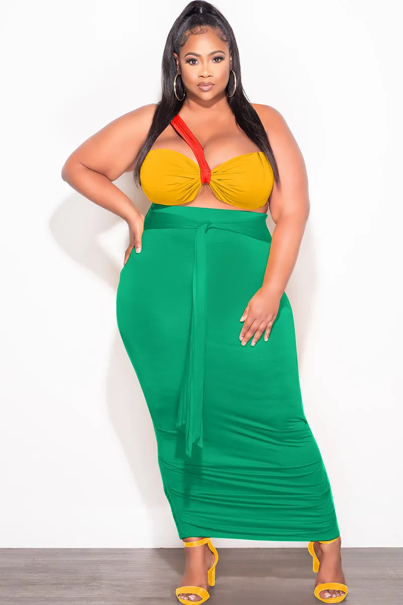 Final Sale Plus Size 2pc One Shoulder Twist Front Bra Top and Ruched Skirt in Orange Yellow and Green AdjustableTabs