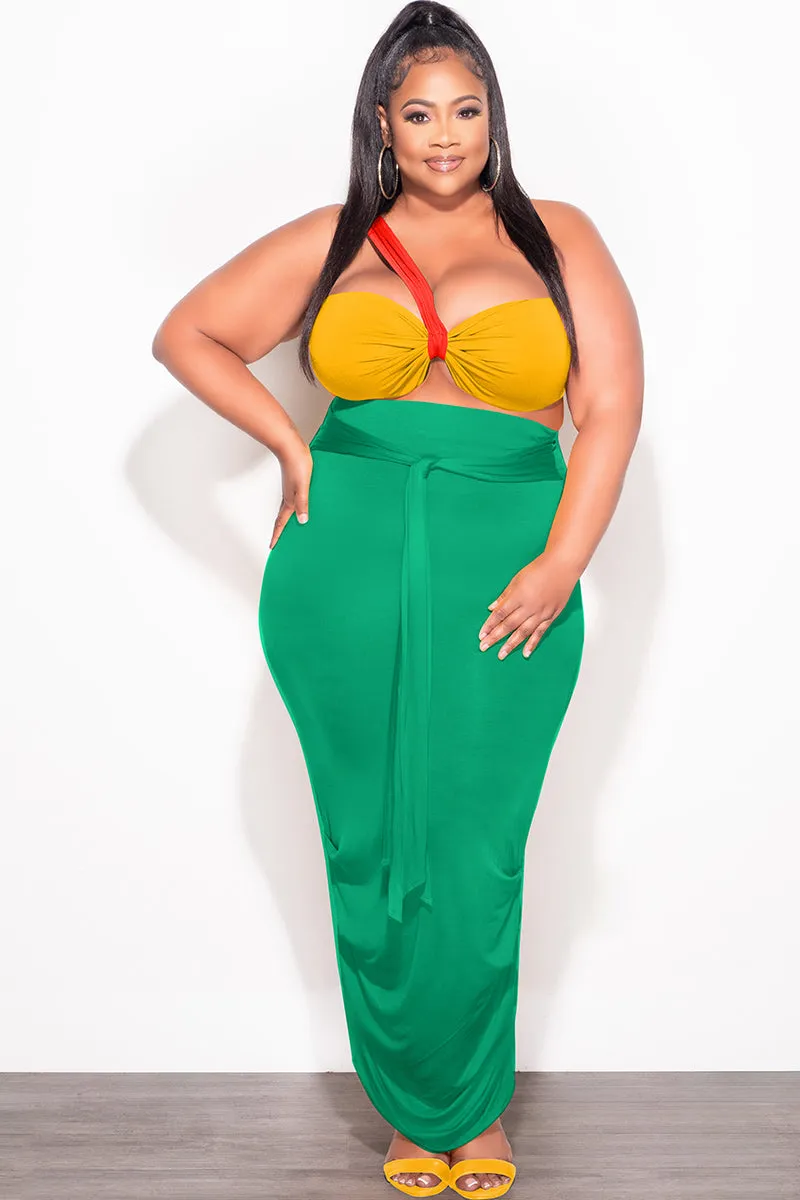 Final Sale Plus Size 2pc One Shoulder Twist Front Bra Top and Ruched Skirt in Orange Yellow and Green Relaxed Wearable