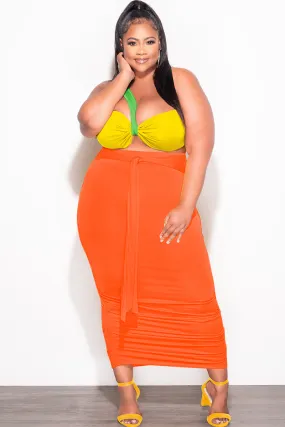 Core Stretch Final Sale Plus Size 2pc One Shoulder Twist Front Crop Top and Ruched Skirt in Green Yellow and Orange