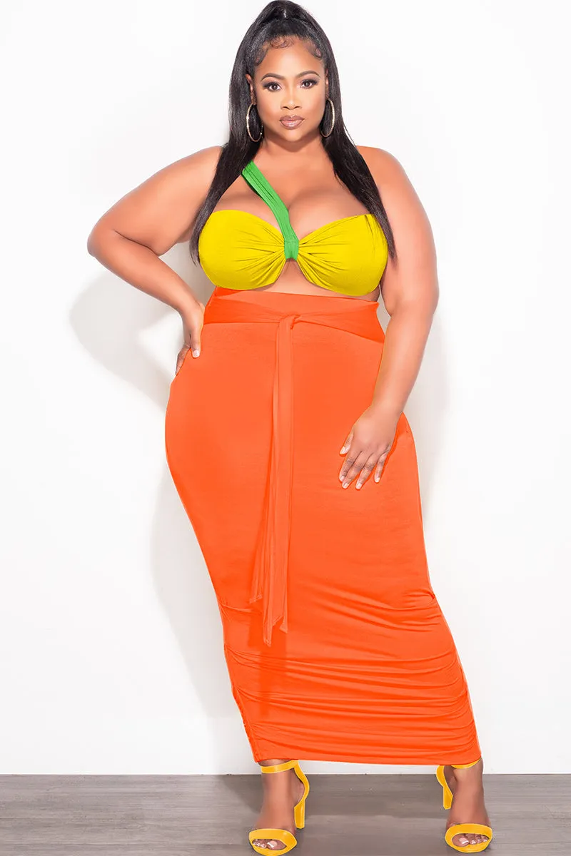 Wool blend MultiPocket Final Sale Plus Size 2pc One Shoulder Twist Front Crop Top and Ruched Skirt in Green Yellow and Orange