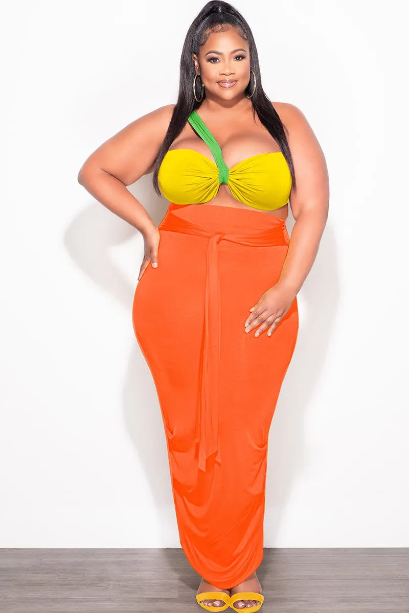 Cozy Stretch Fit Final Sale Plus Size 2pc One Shoulder Twist Front Crop Top and Ruched Skirt in Green Yellow and Orange