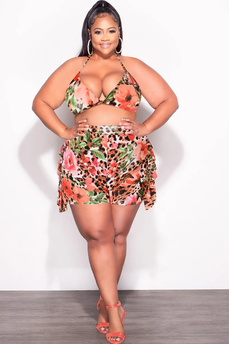 Final Sale Plus Size 2pc Poolside Playsuit (Bikini Top & High Waist Shorts) Set in Animal Print Sporty Fit