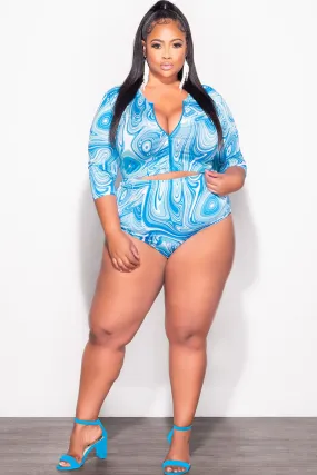 Final Sale Plus Size 2Pc Poolside Playsuit Set in Blue Adjustable loop Comfy Fit