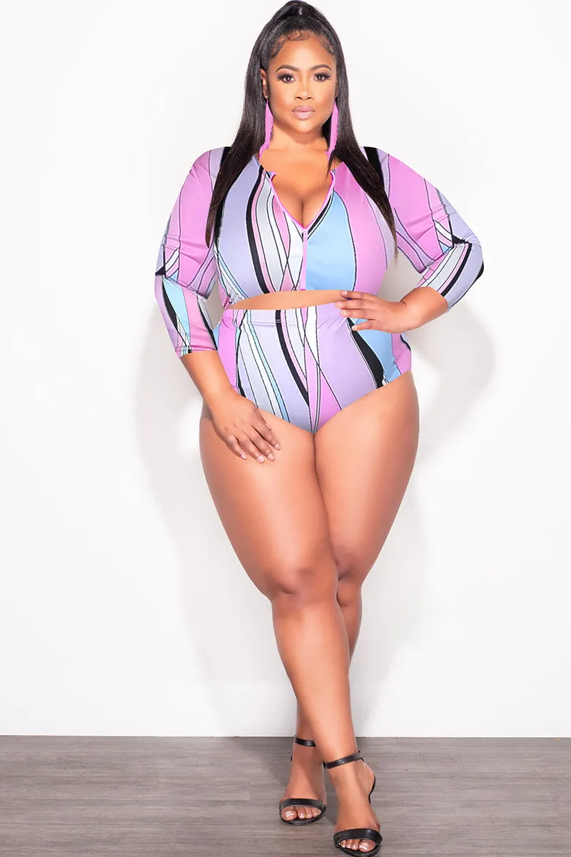 Slim Silhouette Eco Dye Process Final Sale Plus Size 2Pc Poolside Playsuit Set in Pink & Blue Print