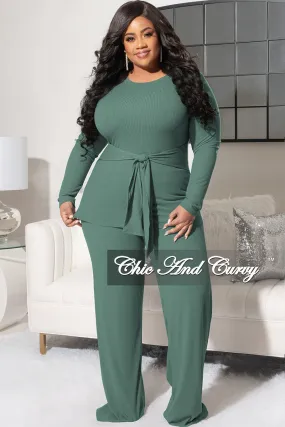 Final Sale Plus Size 2pc Ribbed Long Sleeve Top and Pants Set in Sage HiddenPockets Bi Stretch Fabric