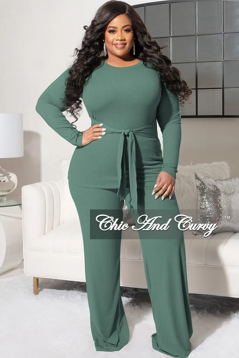 Final Sale Plus Size 2pc Ribbed Long Sleeve Top and Pants Set in Sage Ultra Stretch