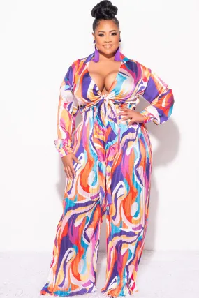 Final Sale Plus Size 2pc Satin Collar Tie Crop Top and Palazzo Pleated Pants in Multi Color Design Print Curved Waistline