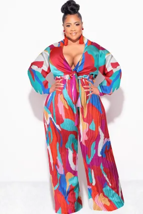 Final Sale Plus Size 2pc Satin Collar Tie Crop Top and Palazzo Pleated Pants in Multi Color Design Print Light Coverage TemperatureRegulation