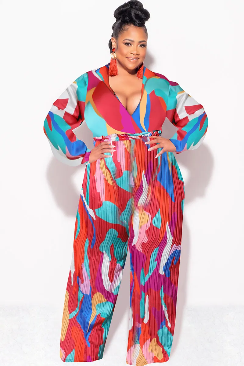 Final Sale Plus Size 2pc Satin Collar Tie Crop Top and Palazzo Pleated Pants in Multi Color Design Print Soft Interior Travel-Ready