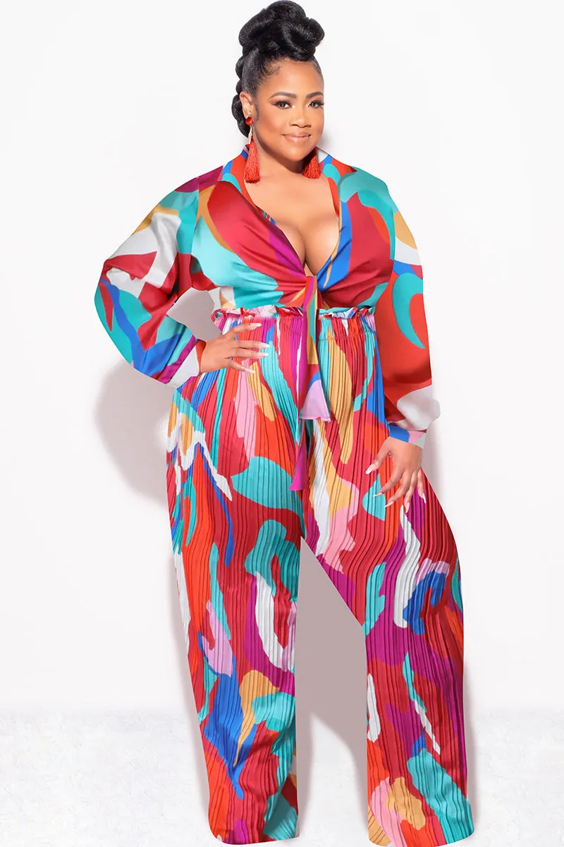 Breathable Mesh Panels Final Sale Plus Size 2pc Satin Collar Tie Crop Top and Palazzo Pleated Pants in Multi Color Design Print
