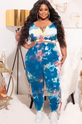 Final Sale Plus Size 2pc Set Cropped Tank and Jogger in Blue Tie Dye EcoFriendlyDye Minimal Fit