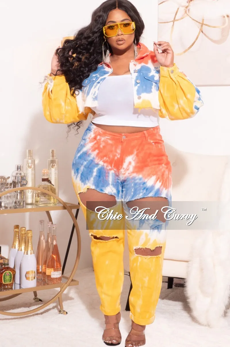 Static free Final Sale Plus Size 2pc Set Distressed Denim Jacket & Pants in Mustard, Blue, & Orange Tie Dye