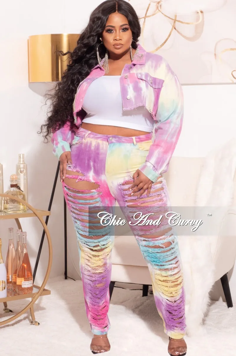 Final Sale Plus Size 2pc Set Distressed Denim Jacket & Pants in Pastel Tie Dye Shape Flex