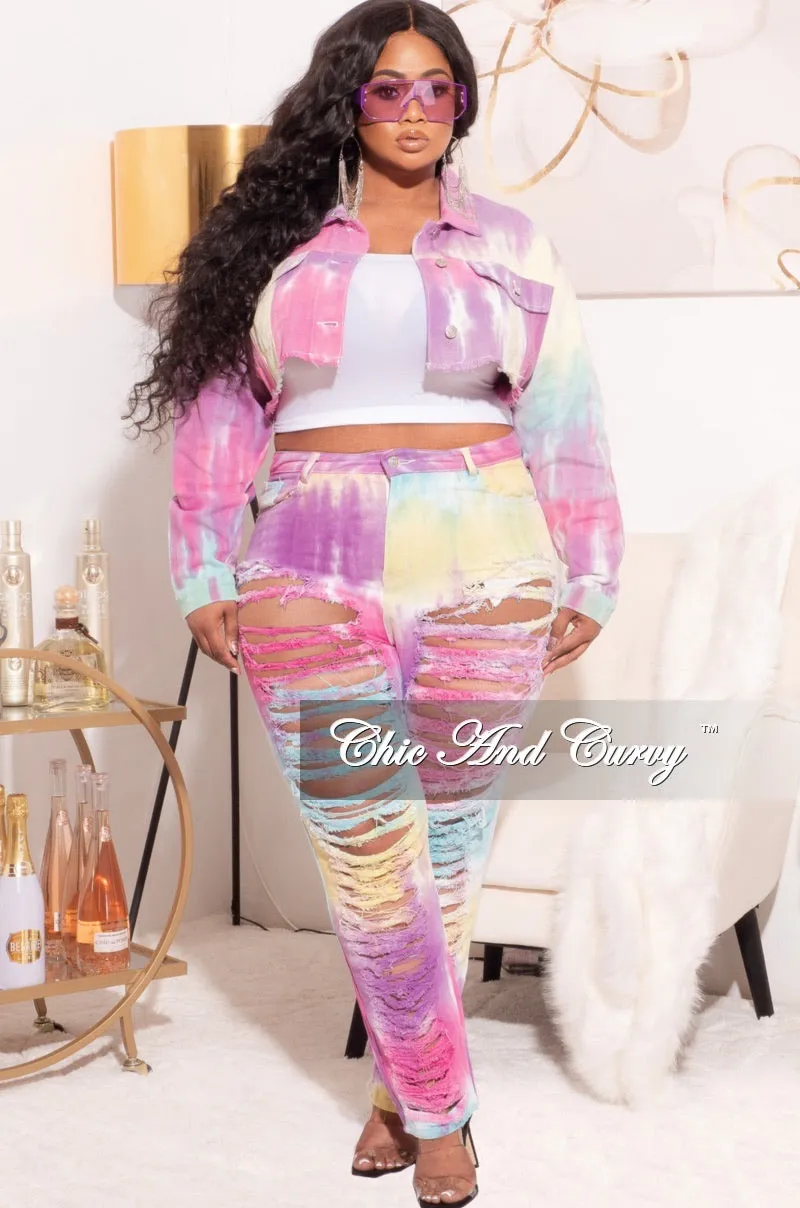 Seasonless wear Sport Friendly Final Sale Plus Size 2pc Set Distressed Denim Jacket & Pants in Pastel Tie Dye