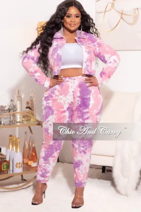 Final Sale Plus Size 2pc Set Distressed Denim Jacket & Pants in Purple/Pink Tie Dye Flexible Fit
