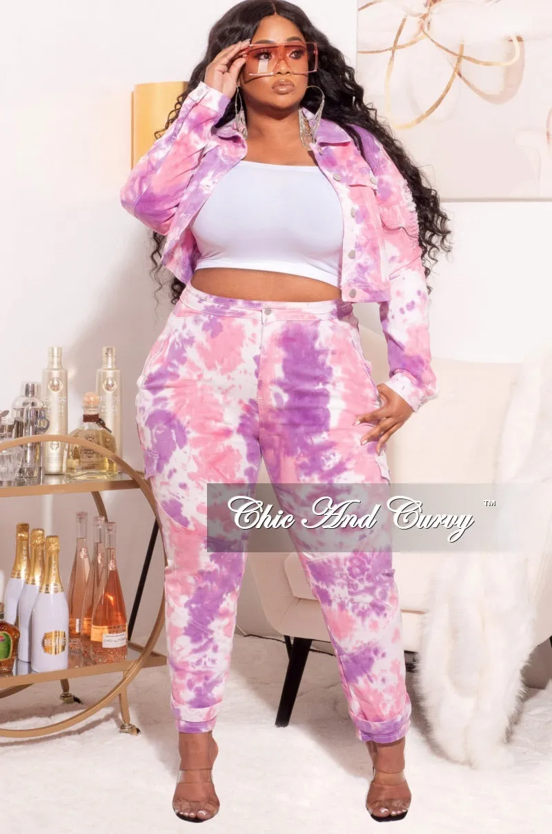 All Purpose Fit Final Sale Plus Size 2pc Set Distressed Denim Jacket & Pants in Purple/Pink Tie Dye