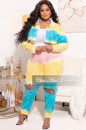 Chilly Day Ready Everyday Comfort Fit Final Sale Plus Size 2pc Set Distressed Denim Jacket & Pants in Turquoise, Yellow, & Peach Tie Dye