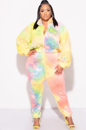 Move Comfort Form Fitting Final Sale Plus Size 2pc Set Fleece Jacket & Legging in Pastel Rainbow