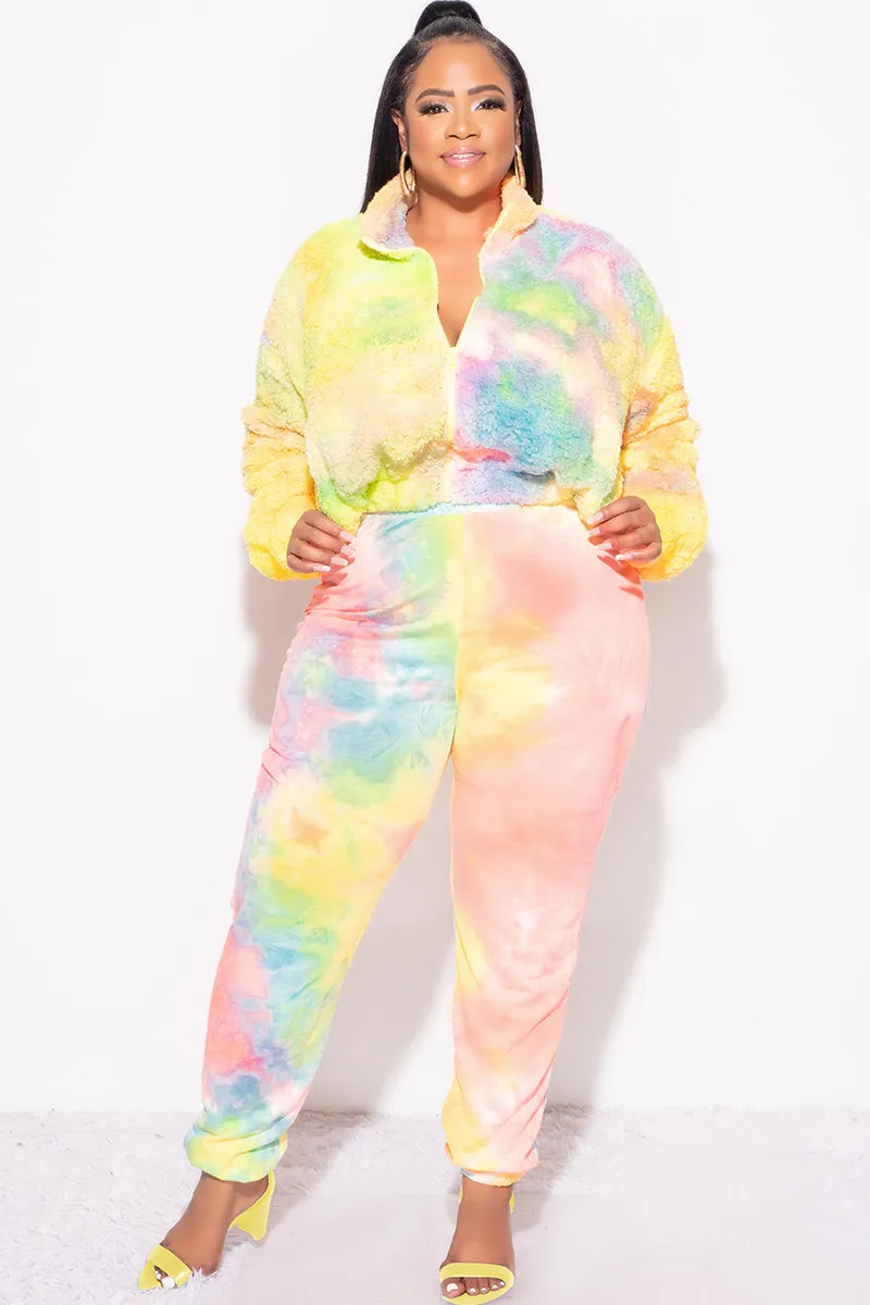 Zip Pocket Rugged Wear Final Sale Plus Size 2pc Set Fleece Jacket & Legging in Pastel Rainbow