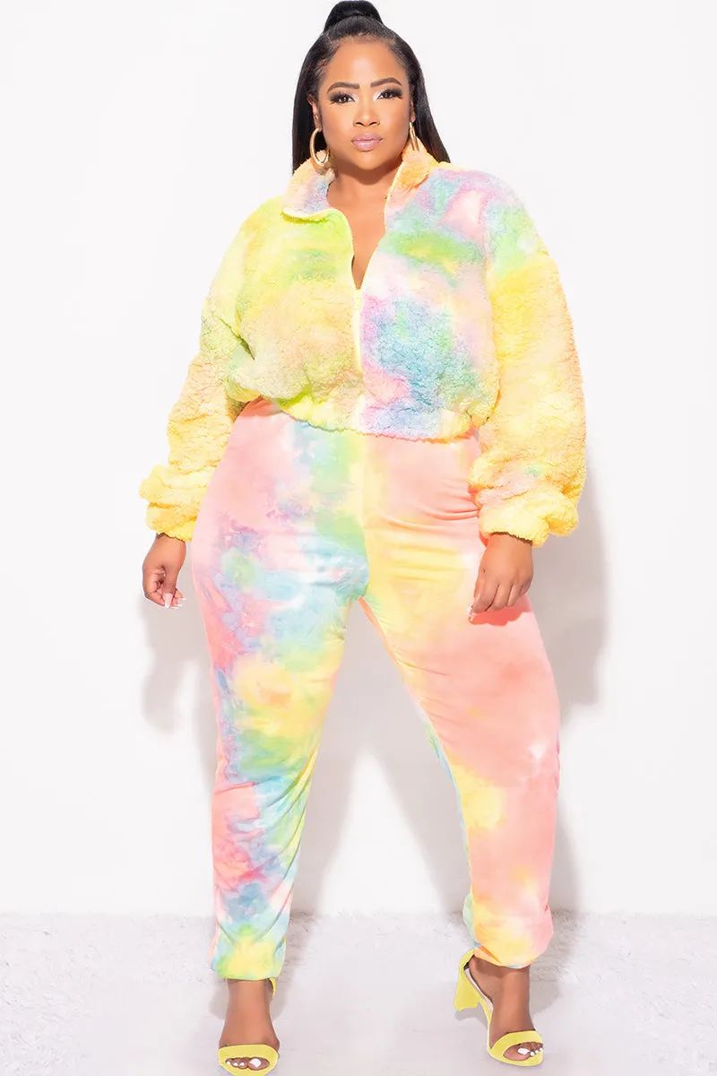 DurableReinforcedMaterial Tailored Wear Final Sale Plus Size 2pc Set Fleece Jacket & Legging in Pastel Rainbow