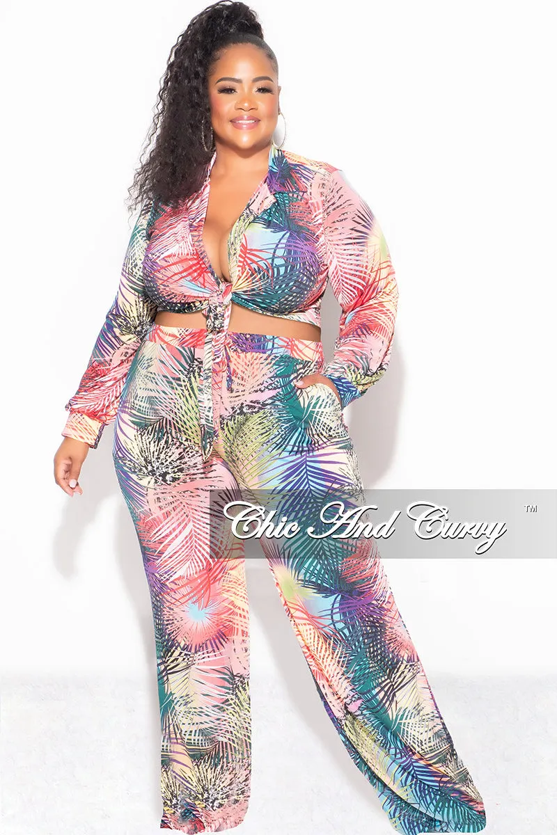 Final Sale Plus Size 2pc Set Tie Crop Top and Palazzo Pant Set in Multi-Color Palm Print EcoFriendlyMaterials