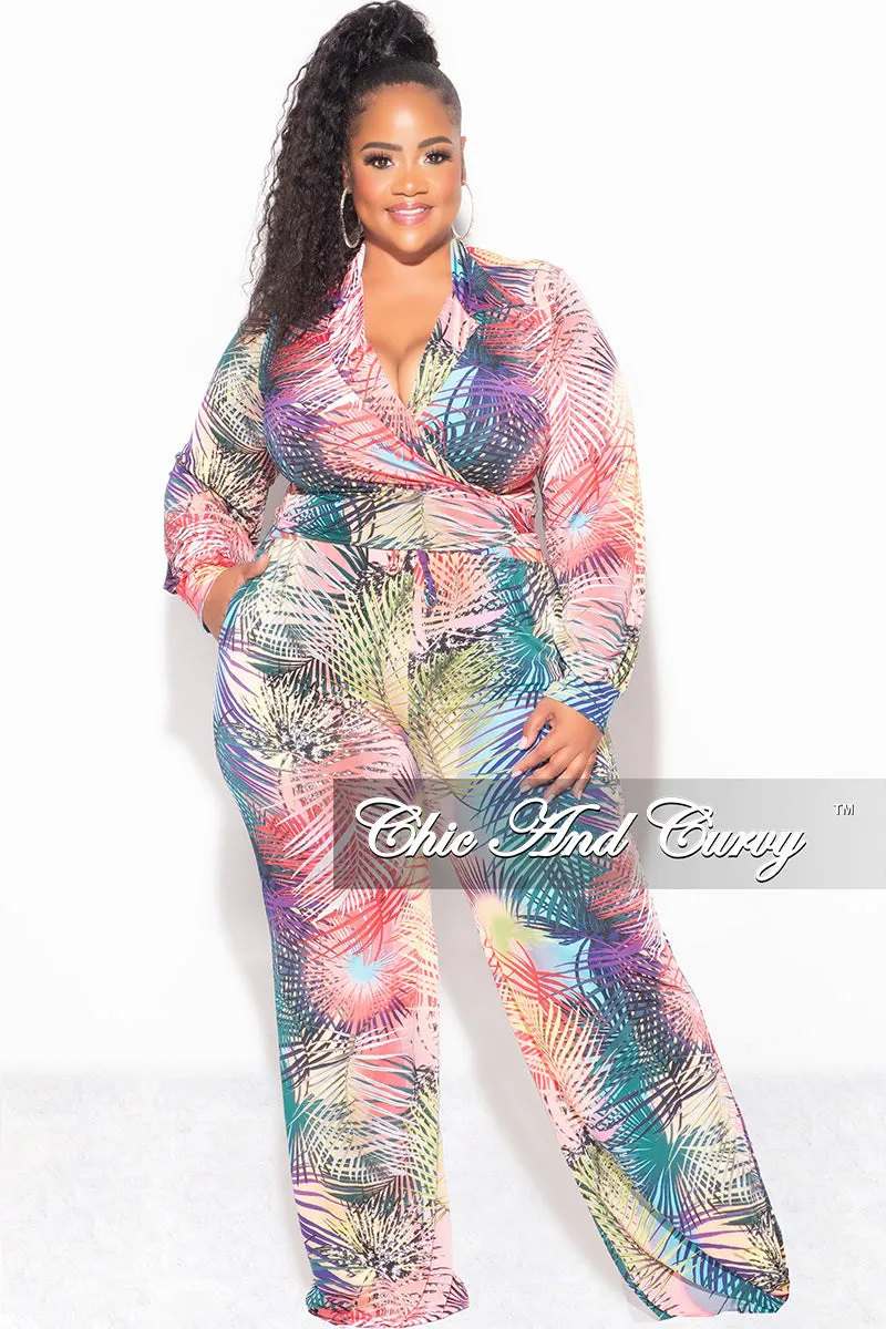 Relaxed Look Comfortable Cut Final Sale Plus Size 2pc Set Tie Crop Top and Palazzo Pant Set in Multi-Color Palm Print