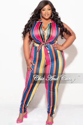 Laser cut Final Sale Plus Size 2pc Sleeveless Crop Tie Top & High Waist Pant in Multi Color Stripe Print
