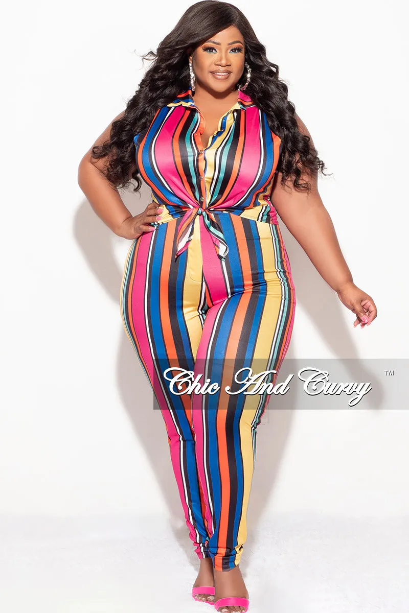 Relaxed Waist Final Sale Plus Size 2pc Sleeveless Crop Tie Top & High Waist Pant in Multi Color Stripe Print