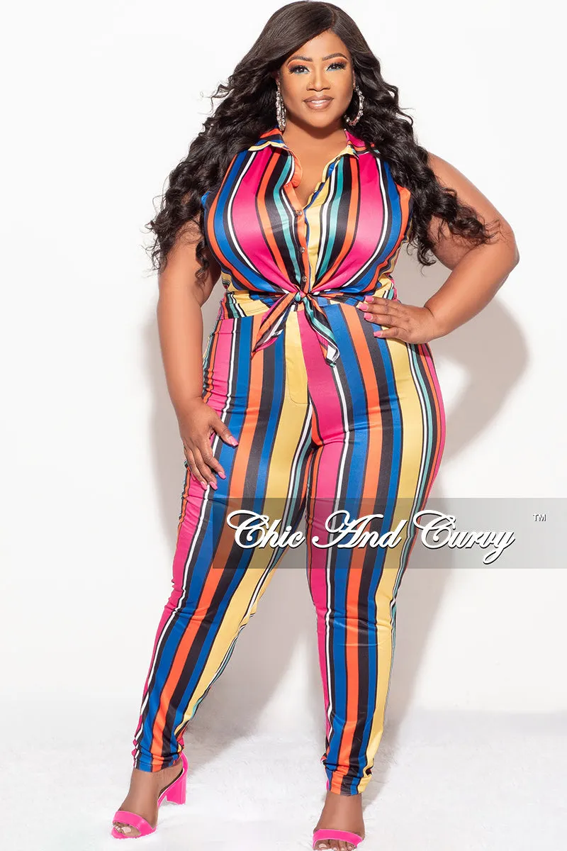 Laser cut Final Sale Plus Size 2pc Sleeveless Crop Tie Top & High Waist Pant in Multi Color Stripe Print