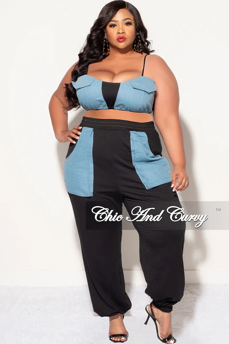 Comfortable Design Anti Pilling Surface Final Sale Plus Size 2pc Spaghetti Strap Crop Top And Pants In Black & Chambray