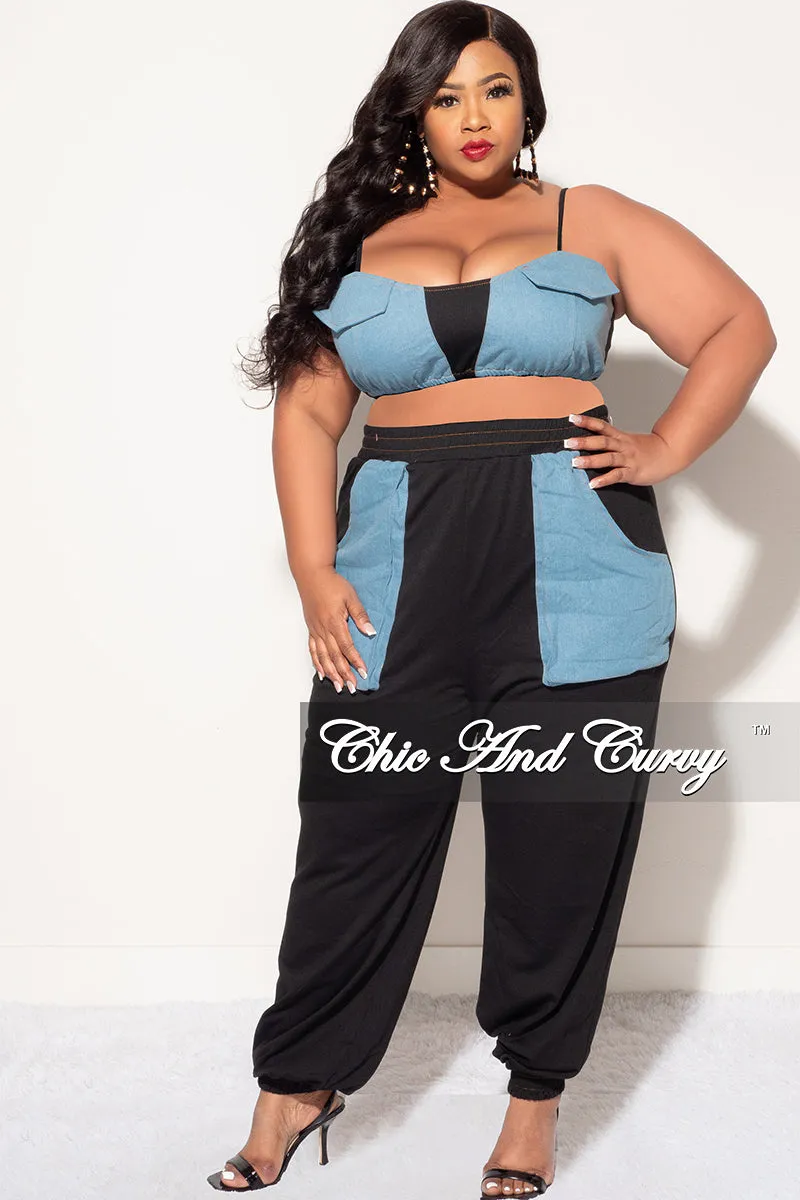 Final Sale Plus Size 2pc Spaghetti Strap Crop Top And Pants In Black & Chambray HighRiseWaist Sophisticated Look