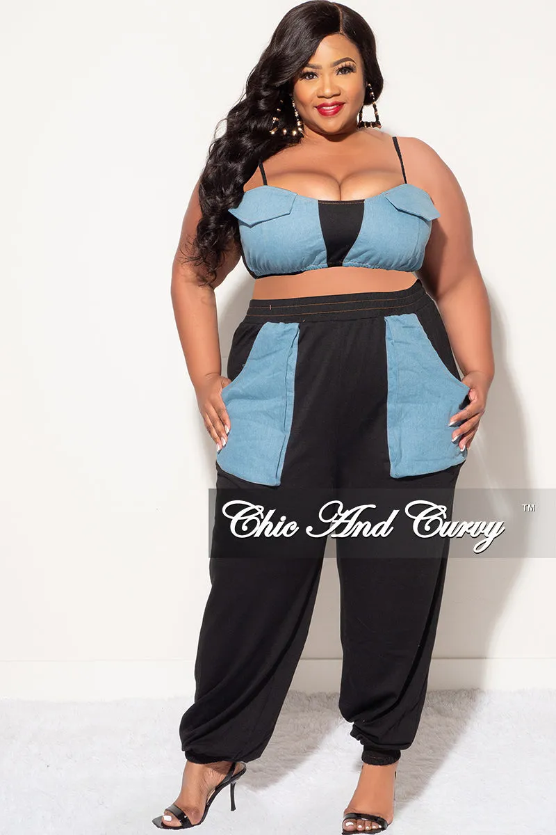 Weather Flex Performance Layer Final Sale Plus Size 2pc Spaghetti Strap Crop Top And Pants In Black & Chambray