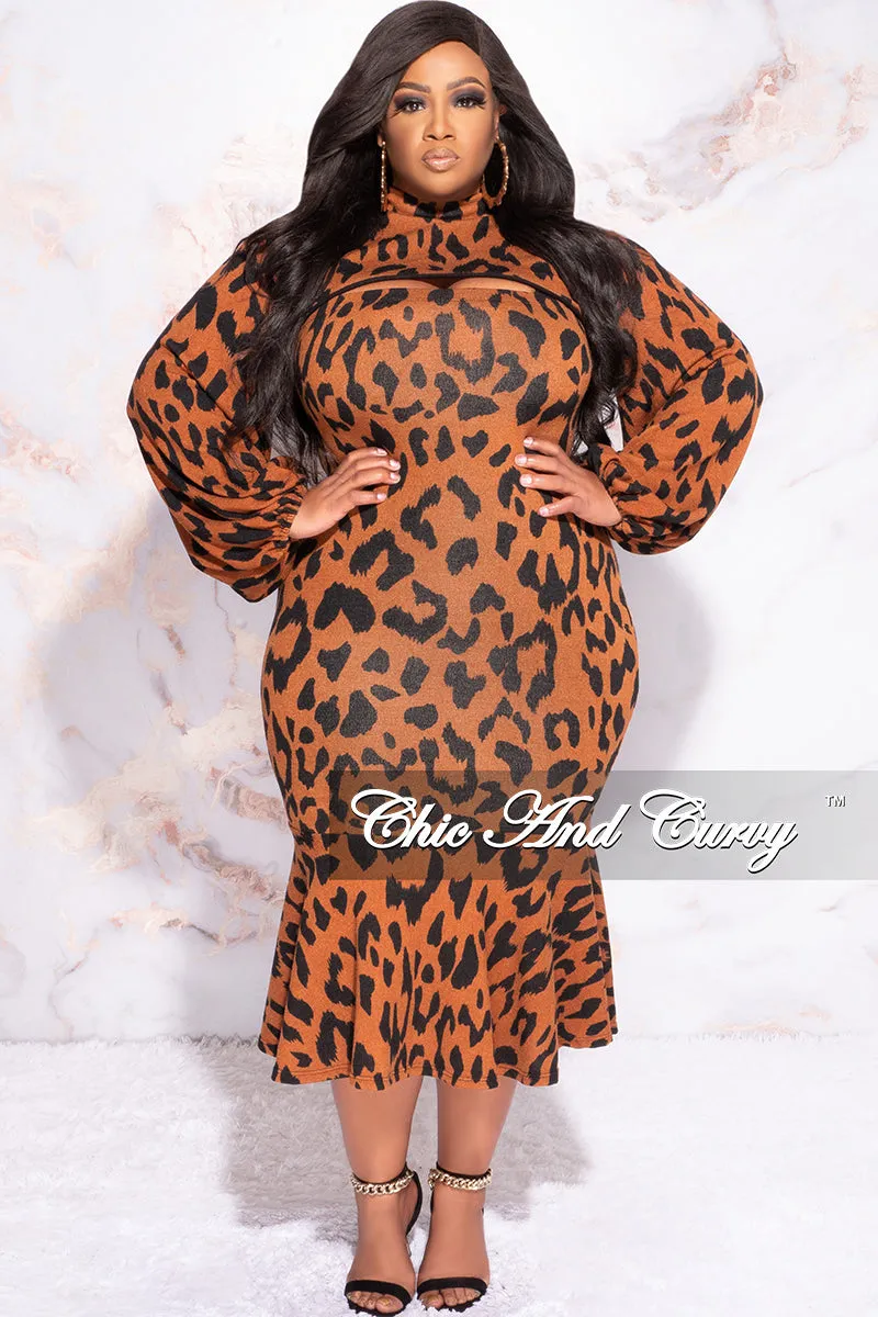 Final Sale Plus Size 2pc Strapless Midi BodyCon Dress with Ruffle Bottom and Pull Over Top in Animal Print Flattering Design