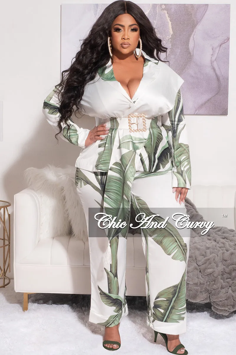 Final Sale Plus Size 2pc Suit with Waist Tie in Green and White Leaf Print Tailored Silhouette relaxed shape