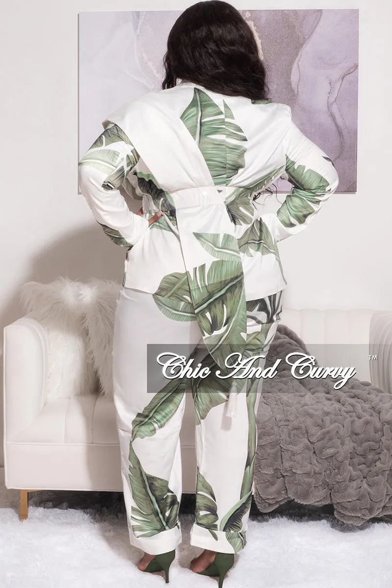 Simple Comfort Wear Final Sale Plus Size 2pc Suit with Waist Tie in Green and White Leaf Print