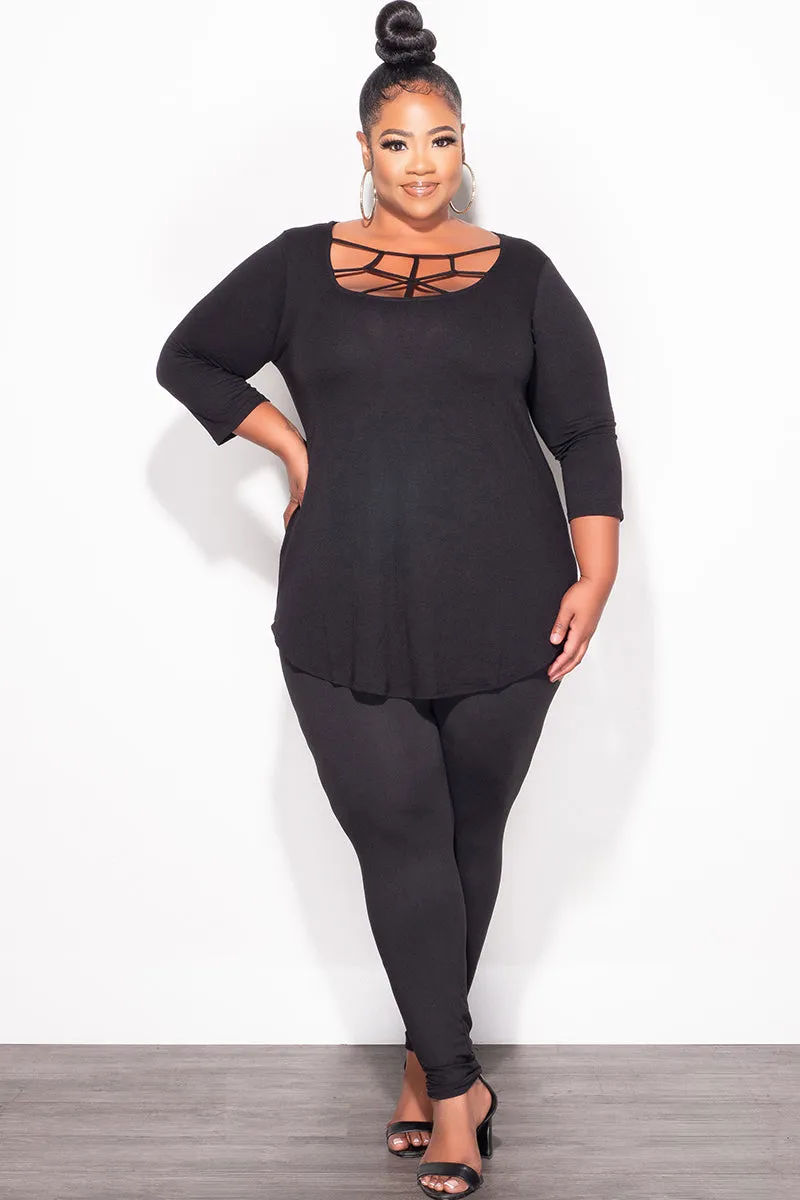 Minimal Design Final Sale Plus Size 2pc Top with Crisscross Front and Match Leggings in Black