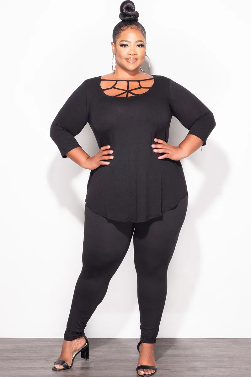 Fade Resistant Dye Utility Fit Final Sale Plus Size 2pc Top with Crisscross Front and Match Leggings in Black