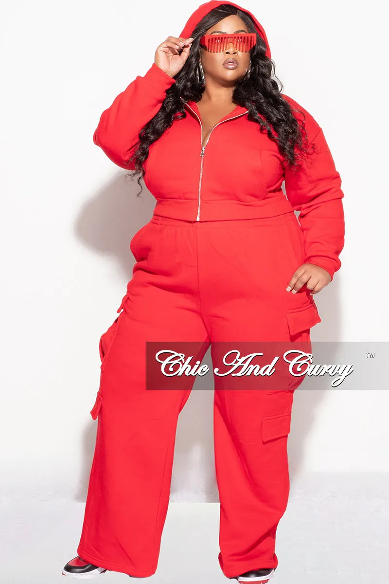 Comfort Layer Bi Stretch Fabric Final Sale Plus Size 2pc Zip-Up Hooded Top and Cargo Sweatpants in Red
