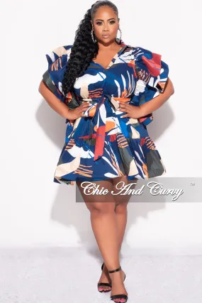 Performance Design Flexible Design Final Sale Plus Size 3-Tiered Button Up Baby Doll Dress with Flutter Sleeves in Navy Orange and Olive MultiColor Print