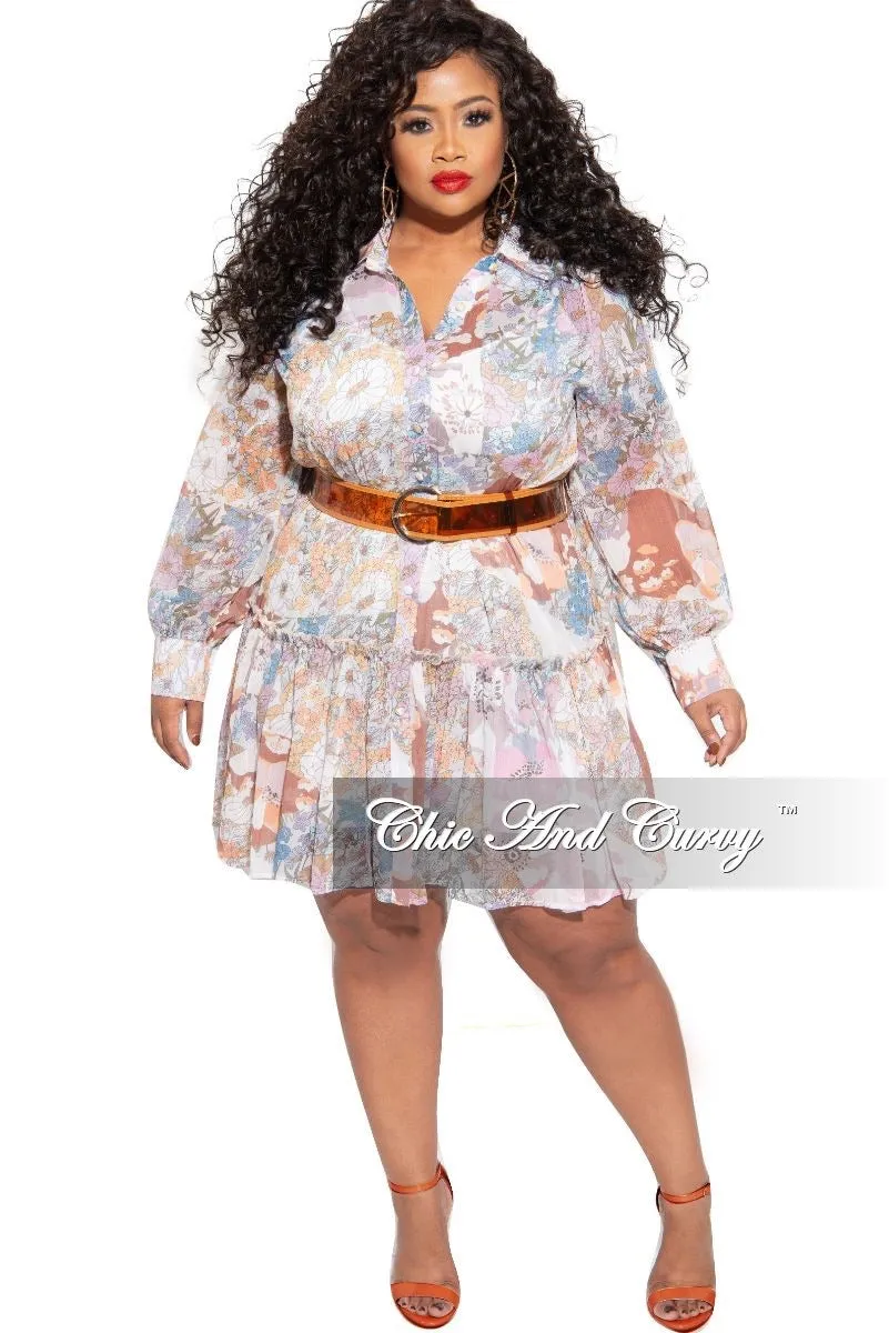 Final Sale Plus Size Babydoll Dress Floral Print with Camel Belt Sporty Design Body Aligned