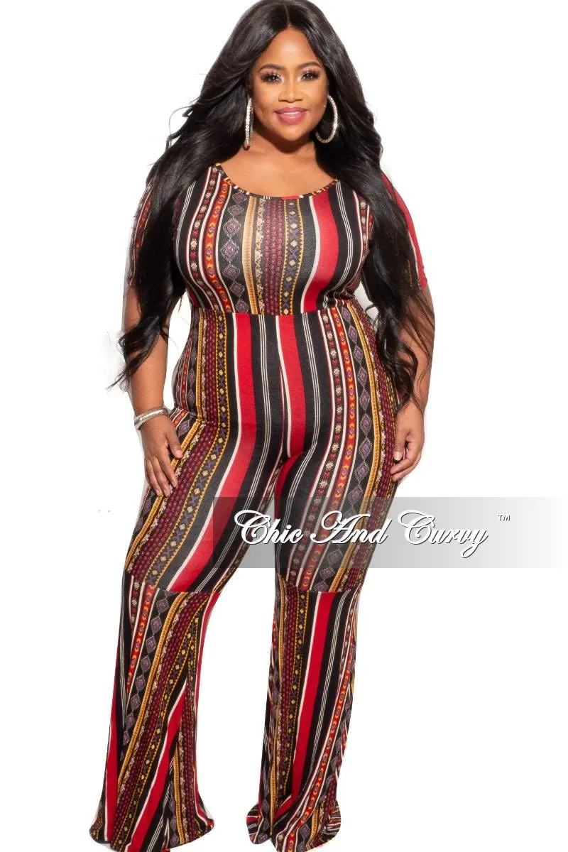 Mesh Lined Final Sale Plus Size Bell Bottom Jumpsuit in Multicolor Stripe