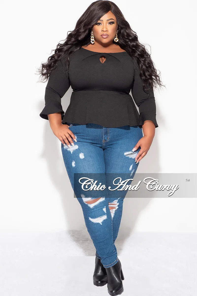 Training Wear Final Sale Plus Size Bell Sleeve Peplum Top with Front Keyhole in Black