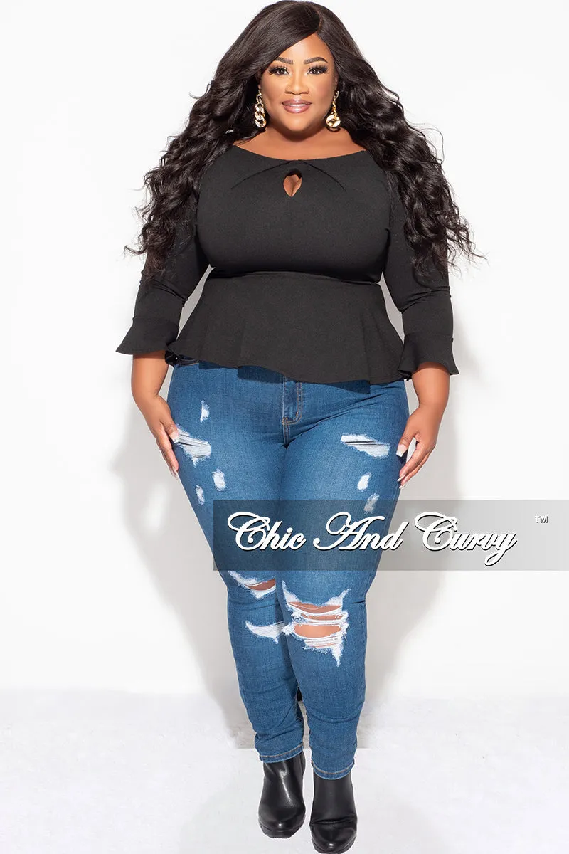 Final Sale Plus Size Bell Sleeve Peplum Top with Front Keyhole in Black Flexible Seam